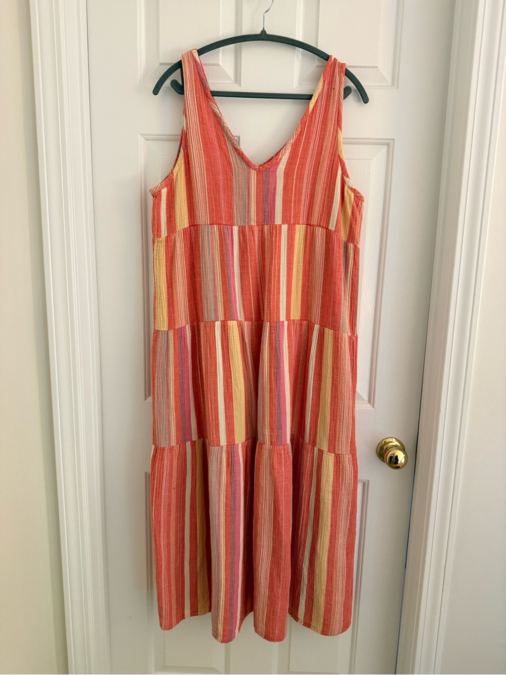 Marine Layer Coral and Yellow Striped Tiered Midi Dress